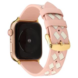 For Apple Watch Ultra 49mm / Series 8&7 45mm / SE 2&6&SE&5&4 44mm / 3&2&1 42mm Woven Pattern Genuine Leather Strap(Pink White)