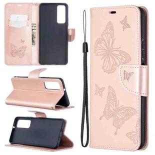 For Huawei P smart 2021 / Y7a Two Butterflies Embossing Pattern Horizontal Flip Leather Case with Holder & Card Slot & Wallet & Lanyard(Rose Gold)