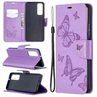 For Huawei P smart 2021 / Y7a Two Butterflies Embossing Pattern Horizontal Flip Leather Case with Holder & Card Slot & Wallet & Lanyard(Purple)