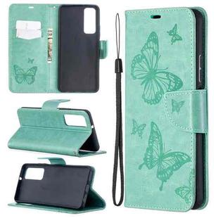 For Huawei P smart 2021 / Y7a Two Butterflies Embossing Pattern Horizontal Flip Leather Case with Holder & Card Slot & Wallet & Lanyard(Green)