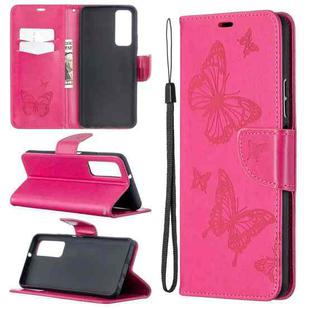 For Huawei P smart 2021 / Y7a Two Butterflies Embossing Pattern Horizontal Flip Leather Case with Holder & Card Slot & Wallet & Lanyard(Rose Red)