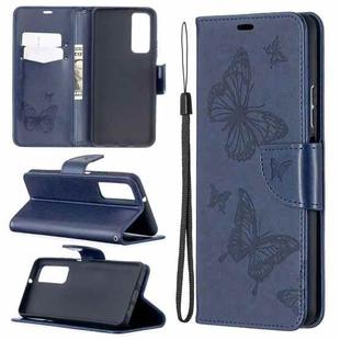 For Huawei P smart 2021 / Y7a Two Butterflies Embossing Pattern Horizontal Flip Leather Case with Holder & Card Slot & Wallet & Lanyard(Dark Blue)