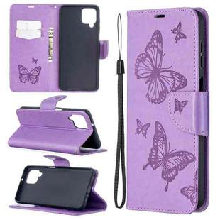 For Samsung Galaxy A12 Two Butterflies Embossing Pattern Horizontal Flip Leather Case with Holder & Card Slot & Wallet & Lanyard(Purple)