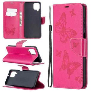 For Samsung Galaxy A12 Two Butterflies Embossing Pattern Horizontal Flip Leather Case with Holder & Card Slot & Wallet & Lanyard(Rose Red)