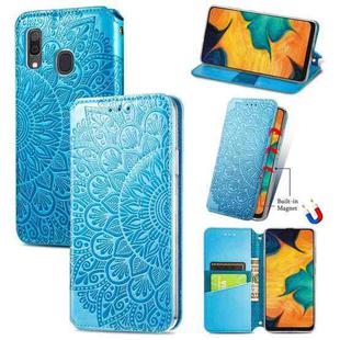 For Samsung Galaxy A20 / A30 Blooming Mandala Embossed Pattern Magnetic Horizontal Flip Leather Case with Holder & Card Slots & Wallet(Blue)