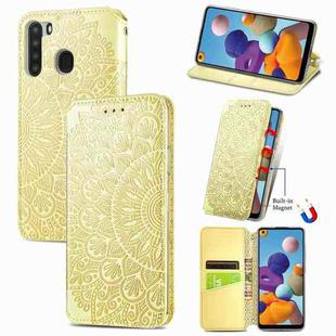 For Samsung Galaxy A21 Blooming Mandala Embossed Pattern Magnetic Horizontal Flip Leather Case with Holder & Card Slots & Wallet(Yellow)