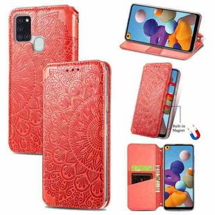 For Samsung Galaxy A21s Blooming Mandala Embossed Pattern Magnetic Horizontal Flip Leather Case with Holder & Card Slots & Wallet(Red)
