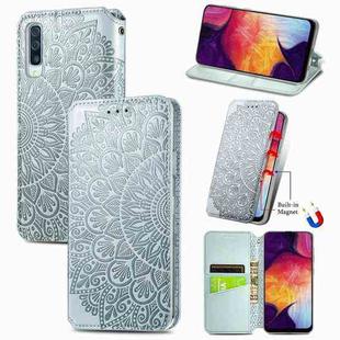 For Samsung Galaxy A50 Blooming Mandala Embossed Pattern Magnetic Horizontal Flip Leather Case with Holder & Card Slots & Wallet(Grey)