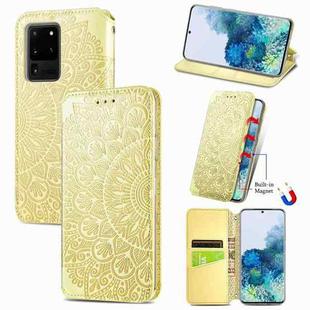 For Samsung Galaxy S20 Ultra Blooming Mandala Embossed Pattern Magnetic Horizontal Flip Leather Case with Holder & Card Slots & Wallet(Yellow)