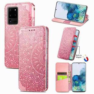 For Samsung Galaxy S20 Ultra Blooming Mandala Embossed Pattern Magnetic Horizontal Flip Leather Case with Holder & Card Slots & Wallet(Pink)