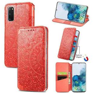 For Samsung Galaxy S20 Blooming Mandala Embossed Pattern Magnetic Horizontal Flip Leather Case with Holder & Card Slots & Wallet(Red)