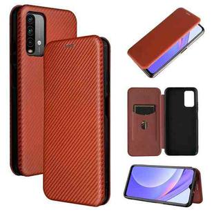 For Xiaomi Redmi Note 9 4G Carbon Fiber Texture Horizontal Flip TPU + PC + PU Leather Case with Card Slot(Brown)