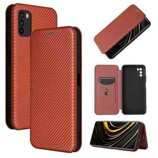 For Xiaomi Poco M3 Carbon Fiber Texture Horizontal Flip TPU + PC + PU Leather Case with Card Slot(Brown)