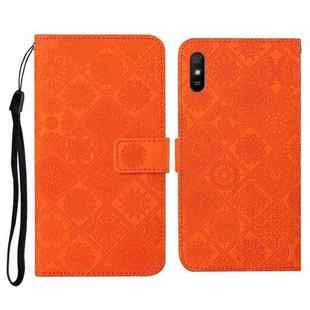 For Xiaomi Redmi 9A Ethnic Style Embossed Pattern Horizontal Flip Leather Case with Holder & Card Slots & Wallet & Lanyard(Orange)