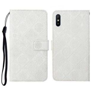 For Xiaomi Redmi 9A Ethnic Style Embossed Pattern Horizontal Flip Leather Case with Holder & Card Slots & Wallet & Lanyard(White)