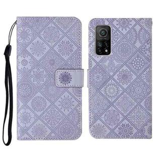 For Xiaomi Mi 10T 5G Ethnic Style Embossed Pattern Horizontal Flip Leather Case with Holder & Card Slots & Wallet & Lanyard(Purple)