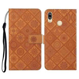 For Huawei Y7 (2019) Ethnic Style Embossed Pattern Horizontal Flip Leather Case with Holder & Card Slots & Wallet & Lanyard(Brown)