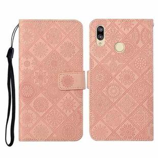 For Huawei Y7 (2019) Ethnic Style Embossed Pattern Horizontal Flip Leather Case with Holder & Card Slots & Wallet & Lanyard(Pink)