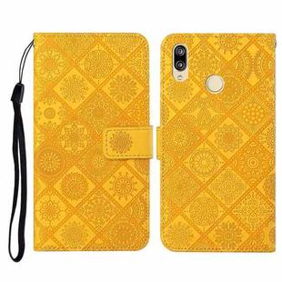 For Huawei Y7 (2019) Ethnic Style Embossed Pattern Horizontal Flip Leather Case with Holder & Card Slots & Wallet & Lanyard(Yellow)