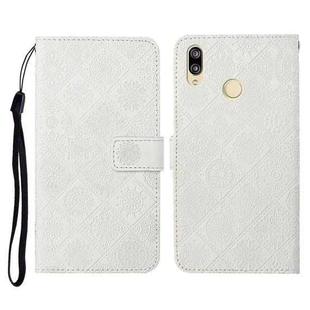 For Huawei Y7 (2019) Ethnic Style Embossed Pattern Horizontal Flip Leather Case with Holder & Card Slots & Wallet & Lanyard(White)