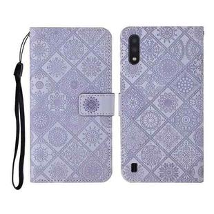 For Samsung Galaxy A01 Ethnic Style Embossed Pattern Horizontal Flip Leather Case with Holder & Card Slots & Wallet & Lanyard(Purple)