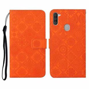 For Samsung Galaxy A11 Ethnic Style Embossed Pattern Horizontal Flip Leather Case with Holder & Card Slots & Wallet & Lanyard(Orange)