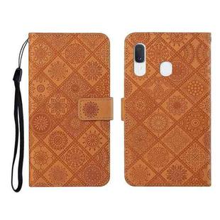 For Samsung Galaxy A20 / A30 Ethnic Style Embossed Pattern Horizontal Flip Leather Case with Holder & Card Slots & Wallet & Lanyard(Brown)