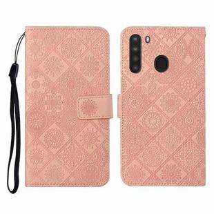 For Samsung Galaxy A21 Ethnic Style Embossed Pattern Horizontal Flip Leather Case with Holder & Card Slots & Wallet & Lanyard(Pink)