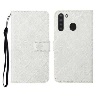 For Samsung Galaxy A21 Ethnic Style Embossed Pattern Horizontal Flip Leather Case with Holder & Card Slots & Wallet & Lanyard(White)