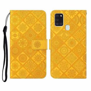 For Samsung Galaxy A21s Ethnic Style Embossed Pattern Horizontal Flip Leather Case with Holder & Card Slots & Wallet & Lanyard(Yellow)
