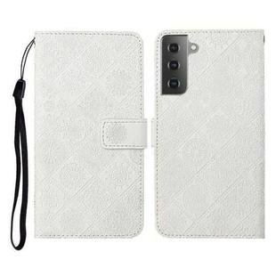 For Samsung Galaxy Galaxy S21 5G Ethnic Style Embossed Pattern Horizontal Flip Leather Case with Holder & Card Slots & Wallet & Lanyard(White)