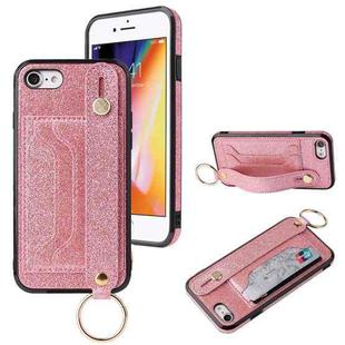 For iPhone SE 2022 / SE 2020 / 8 / 7 Glitter Powder PU+TPU Shockproof Protective Case with Holder & Card Slots & Wrist Strap(Pink)
