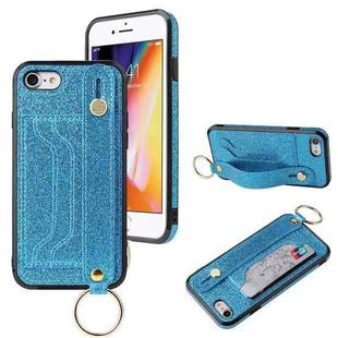 For iPhone SE 2022 / SE 2020 / 8 / 7 Glitter Powder PU+TPU Shockproof Protective Case with Holder & Card Slots & Wrist Strap(Blue)