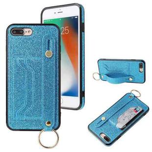 Glitter Powder PU+TPU Shockproof Protective Case with Holder & Card Slots & Wrist Strap For iPhone 8 Plus / 7 Plus(Blue)