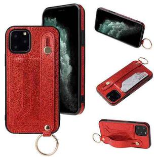 For iPhone 11 Glitter Powder PU+TPU Shockproof Protective Case with Holder & Card Slots & Wrist Strap (Red)