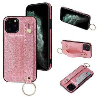 For iPhone 11 Pro Glitter Powder PU+TPU Shockproof Protective Case with Holder & Card Slots & Wrist Strap (Pink)