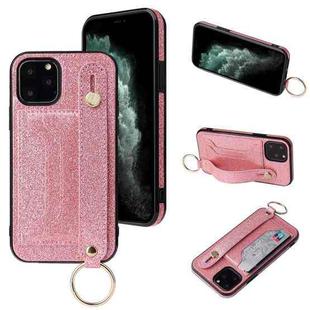 For iPhone 12 / 12 Pro Glitter Powder PU+TPU Shockproof Protective Case with Holder & Card Slots & Wrist Strap(Pink)