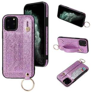 For iPhone 12 / 12 Pro Glitter Powder PU+TPU Shockproof Protective Case with Holder & Card Slots & Wrist Strap(Purple)