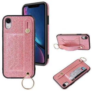 For iPhone XR Glitter Powder PU+TPU Shockproof Protective Case with Holder & Card Slots & Wrist Strap(Pink)