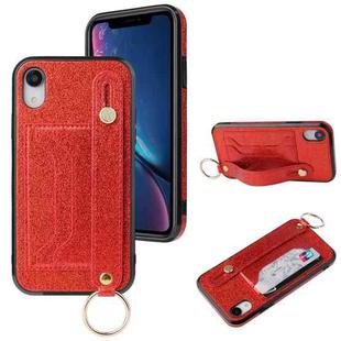 For iPhone XR Glitter Powder PU+TPU Shockproof Protective Case with Holder & Card Slots & Wrist Strap(Red)