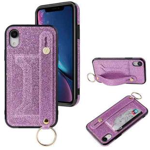 For iPhone XR Glitter Powder PU+TPU Shockproof Protective Case with Holder & Card Slots & Wrist Strap(Purple)