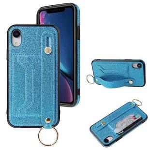 For iPhone X / XS Glitter Powder PU+TPU Shockproof Protective Case with Holder & Card Slots & Wrist Strap(Blue)
