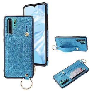 For Huawei P30 Glitter Powder PU+TPU Shockproof Protective Case with Holder & Card Slots & Wrist Strap(Blue)
