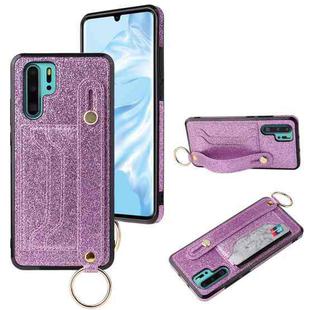 For Huawei P30 Glitter Powder PU+TPU Shockproof Protective Case with Holder & Card Slots & Wrist Strap(Purple)
