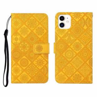 For iPhone 12 Ethnic Style Embossed Pattern Horizontal Flip Leather Case with Holder & Card Slots & Wallet & Lanyard(Yellow)