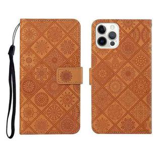 For iPhone 12 Pro Max Ethnic Style Embossed Pattern Horizontal Flip Leather Case with Holder & Card Slots & Wallet & Lanyard(Brown)
