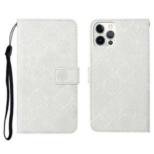 For iPhone 12 Pro Max Ethnic Style Embossed Pattern Horizontal Flip Leather Case with Holder & Card Slots & Wallet & Lanyard(White)