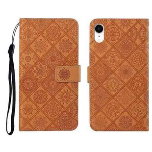 For iPhone XR Ethnic Style Embossed Pattern Horizontal Flip Leather Case with Holder & Card Slots & Wallet & Lanyard(Brown)