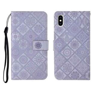 For iPhone X / XS Ethnic Style Embossed Pattern Horizontal Flip Leather Case with Holder & Card Slots & Wallet & Lanyard(Purple)