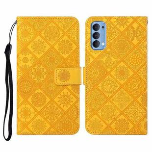 For OPPO Reno4 Ethnic Style Embossed Pattern Horizontal Flip Leather Case with Holder & Card Slots & Wallet & Lanyard(Yellow)